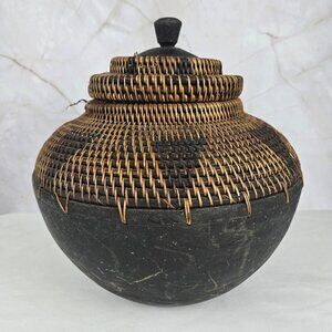 Wood and Rattan Vessel with Removable Lid Brown & Black Handmade in Indonesia